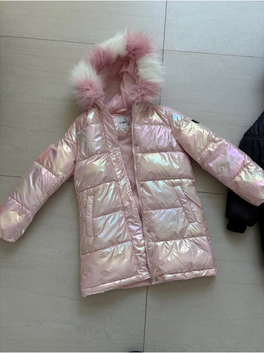 Sam Edelman Iridescent Light Pink Puffer Coat with Faux Fur Trim